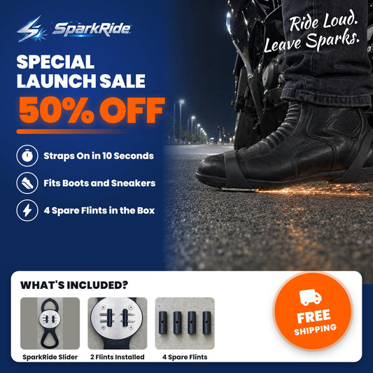 SparkRide launch sale at 50 percent off, a riding boot throwing sparks, and what comes in the box