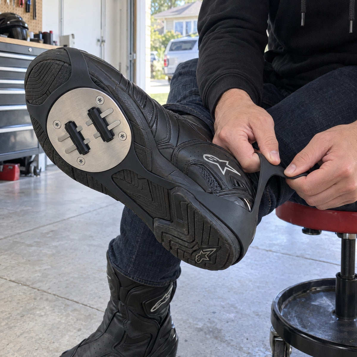 Stretching the SparkRide heel loop over a riding boot, the plate under the front of the sole