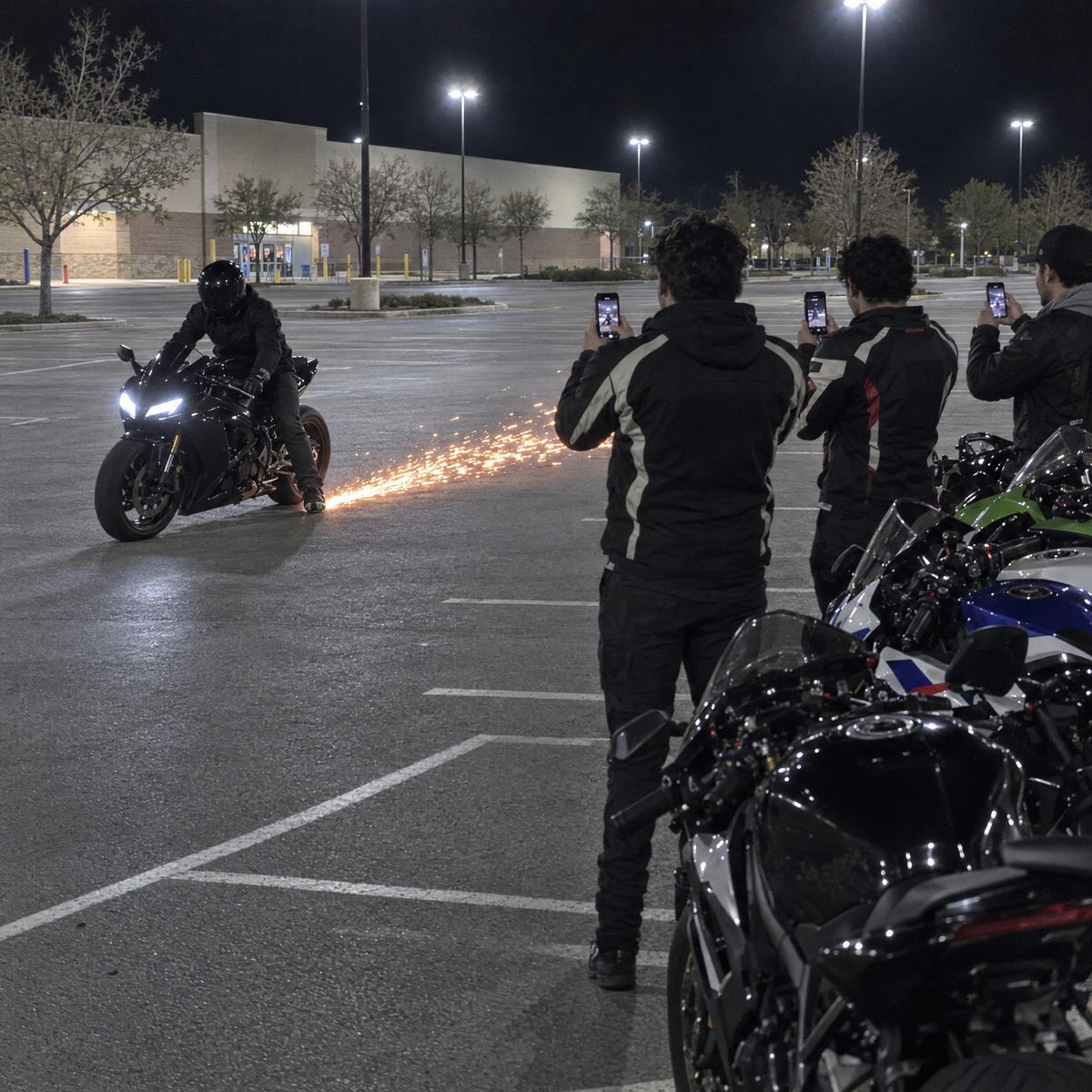 Friends filming the sparks at a bike meet