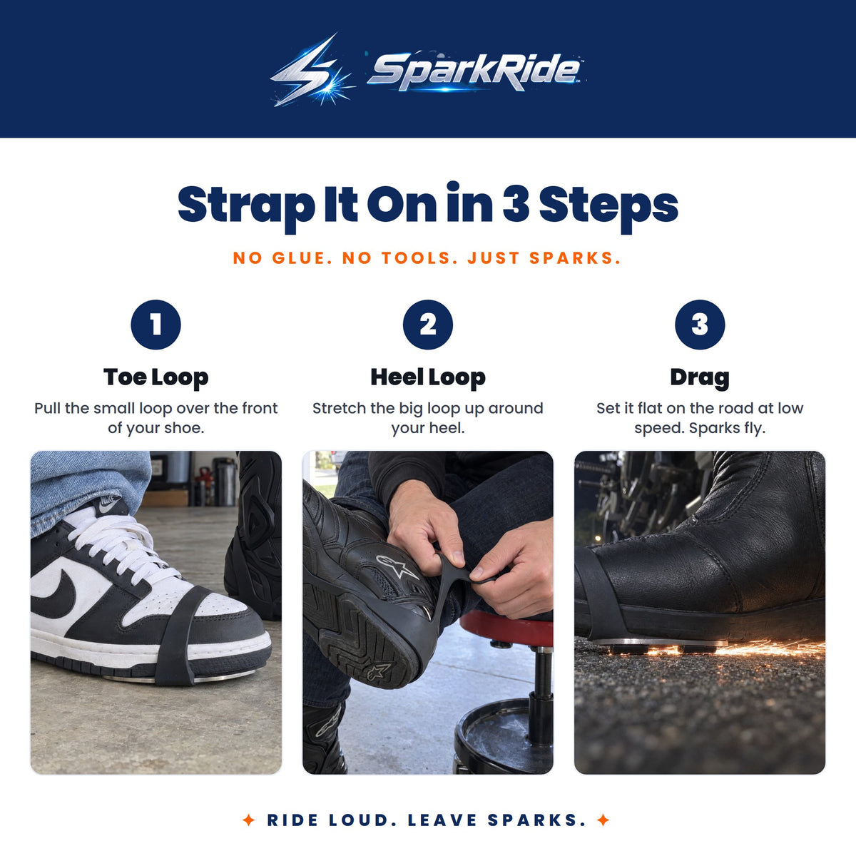 Strap SparkRide on in 3 steps. Pull the small loop over the front of your shoe, stretch the big loop up around your heel, then set it flat on the road at low speed