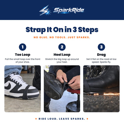 Strap SparkRide on in 3 steps. Pull the small loop over the front of your shoe, stretch the big loop up around your heel, then set it flat on the road at low speed